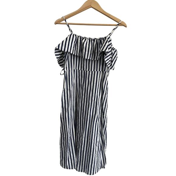 Zara Blue White Striped Cold Shoulder Button Up Linen Blend Sundress Womens XS - Picture 2 of 16